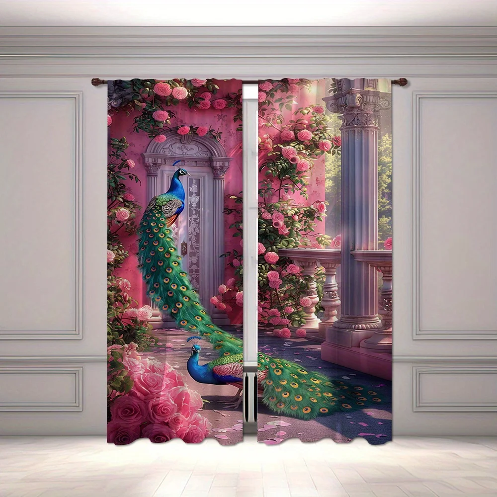 2-Piece Pink Peacock Semi-Opaque Curtains Rod Pocket Design For Easy Hanging Perfect For Bedroom Kitchen Office Living Room Deco