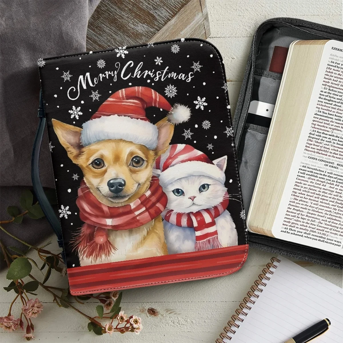 

Christmas Cute Puppy and Cat Pattern Handbag PU Leather Zippered Handbag for Christmas Sac A Main 2023 Women's Bible Storage Bag