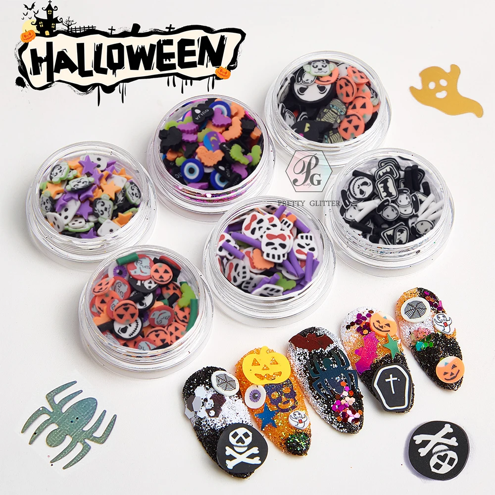 PrettyG 1 Box Halloween mieszanki plastry dostarcza polimerowe miękka glina DIY dekoracje do żywicy Fimo Nail Art Slime deser ciasto HRT