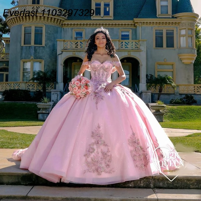 EVLAST-vestido De quinceañera rosa, vestido De baile, apliques De flores 3D, corsé De cuentas, México con lazo, dulce 16, 15 años, TQD648