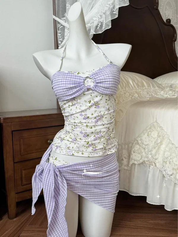 

Purple Floral Print Korean Sle Fre Separate Neline Swimsuit Tee Piece Set for Beach And Hot Spring Triangular Pan