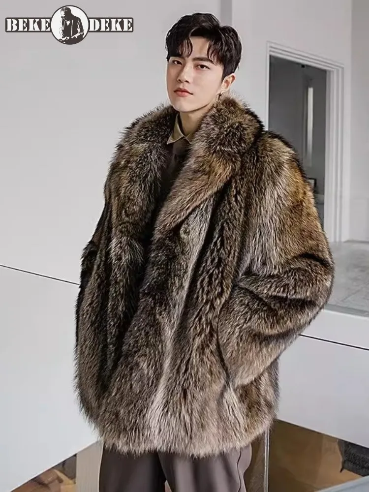 Men Luxury Raccoon Fur Coat Design Medium Length Turn-Down Collar Real Fur Jacket Autumn Winter Loose Fit Fashion Mens Overcoat