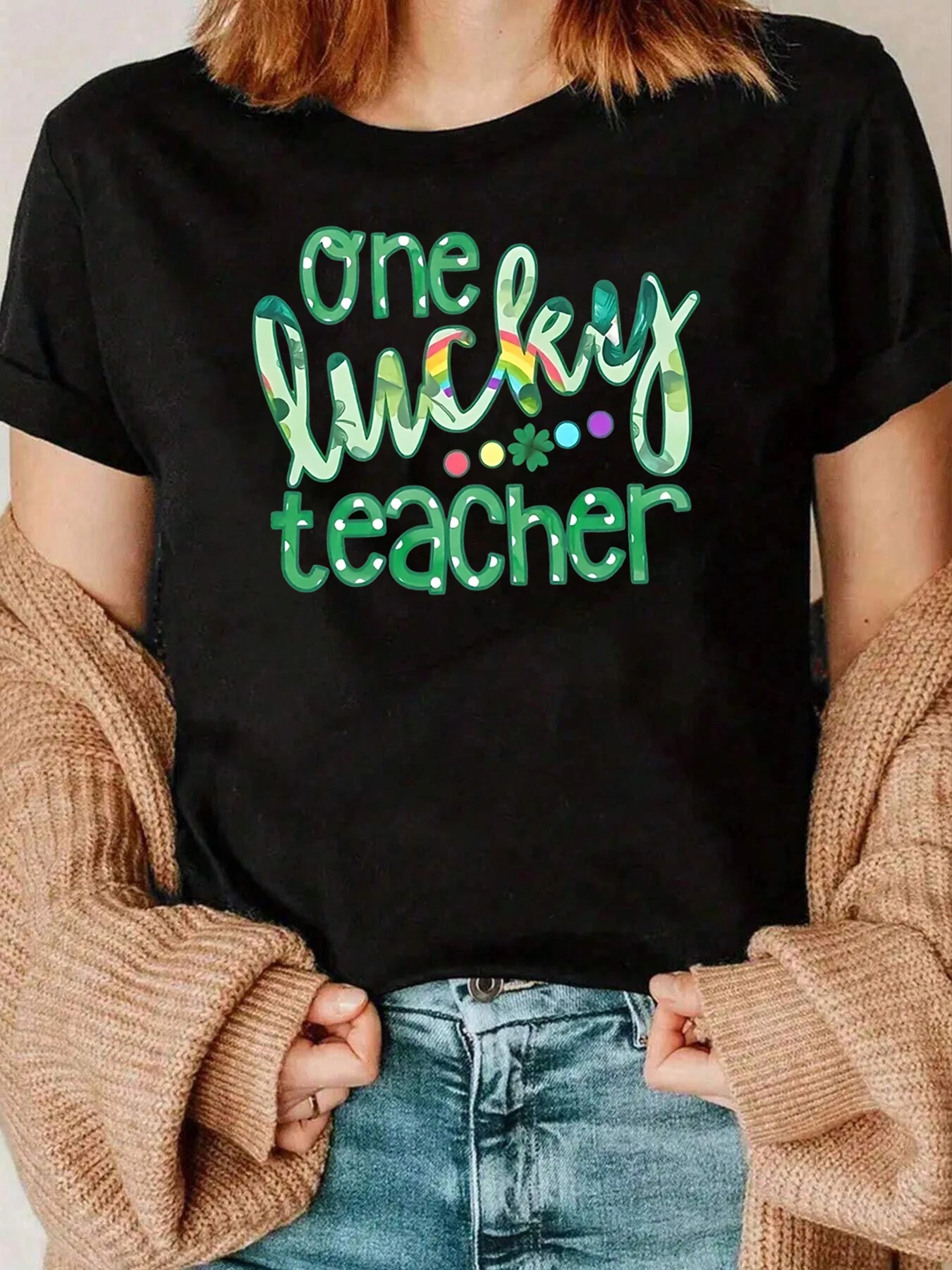 One Lucky Teacher 성 패트릭의 날 그래픽 티셔츠 여성용 캐주얼 의류 220g