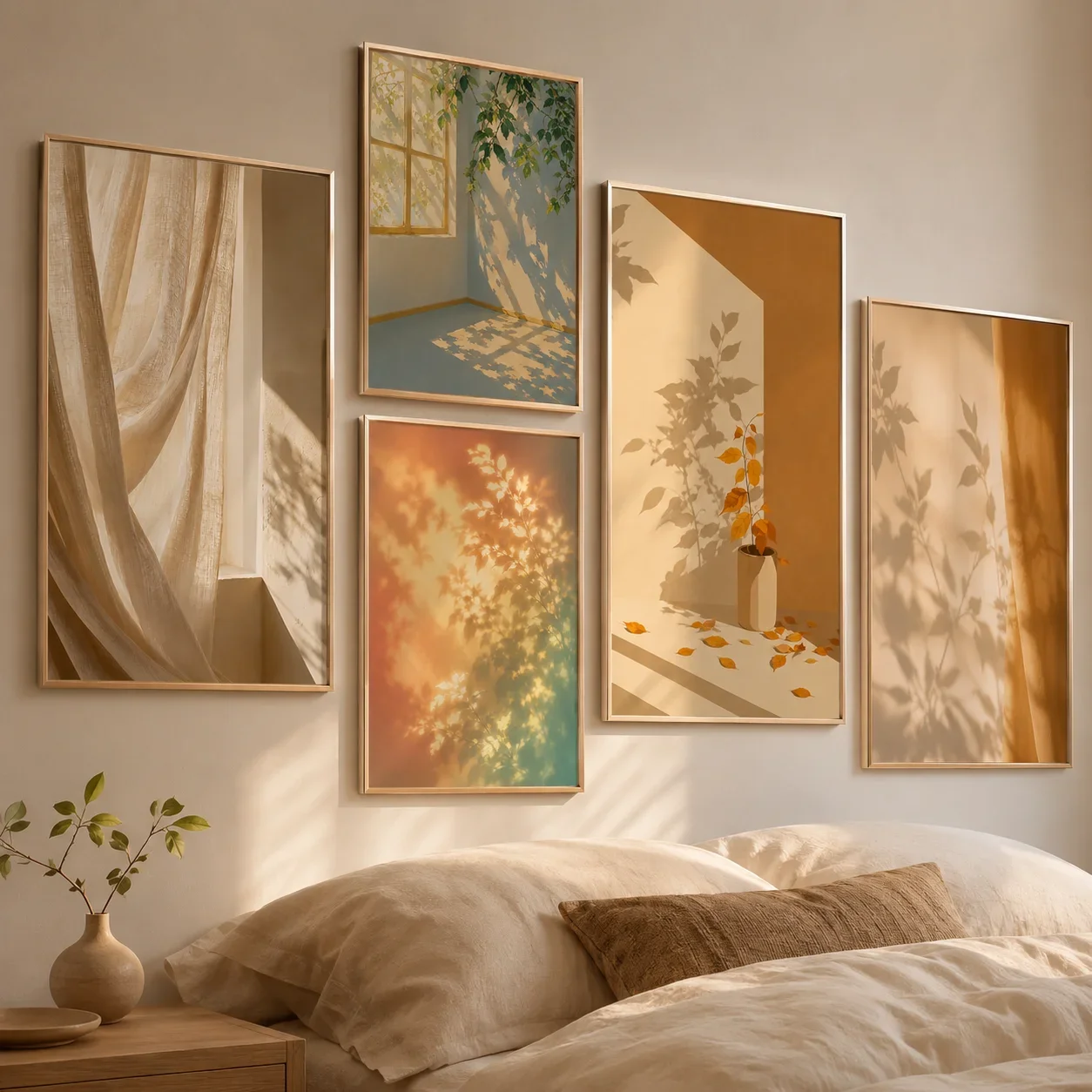 1PC Large-sized frameless canvas paintings,Warm Sunlight Leaf Shadow Canvas Gallery Wall Prints Curtain Window Plant Silhouette