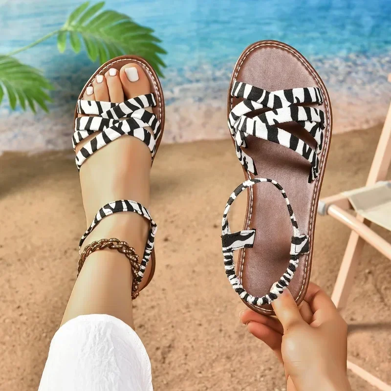 Sandalias planas con banda elástica para mujer, zapatos informales con estampado de leopardo, cómodas, talla grande, gran oferta, verano, 2024