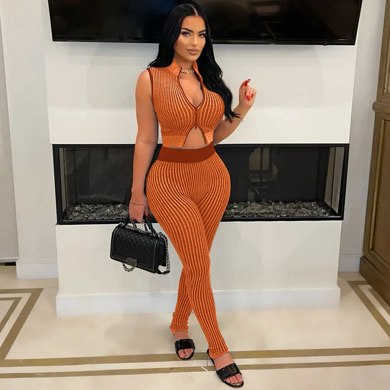 

Fashion Elegant Knitted Striped Two Piece Set Women Lady Sleeveless Zipper Vest Crop Top and Pencil Pants Casual Matching Sets