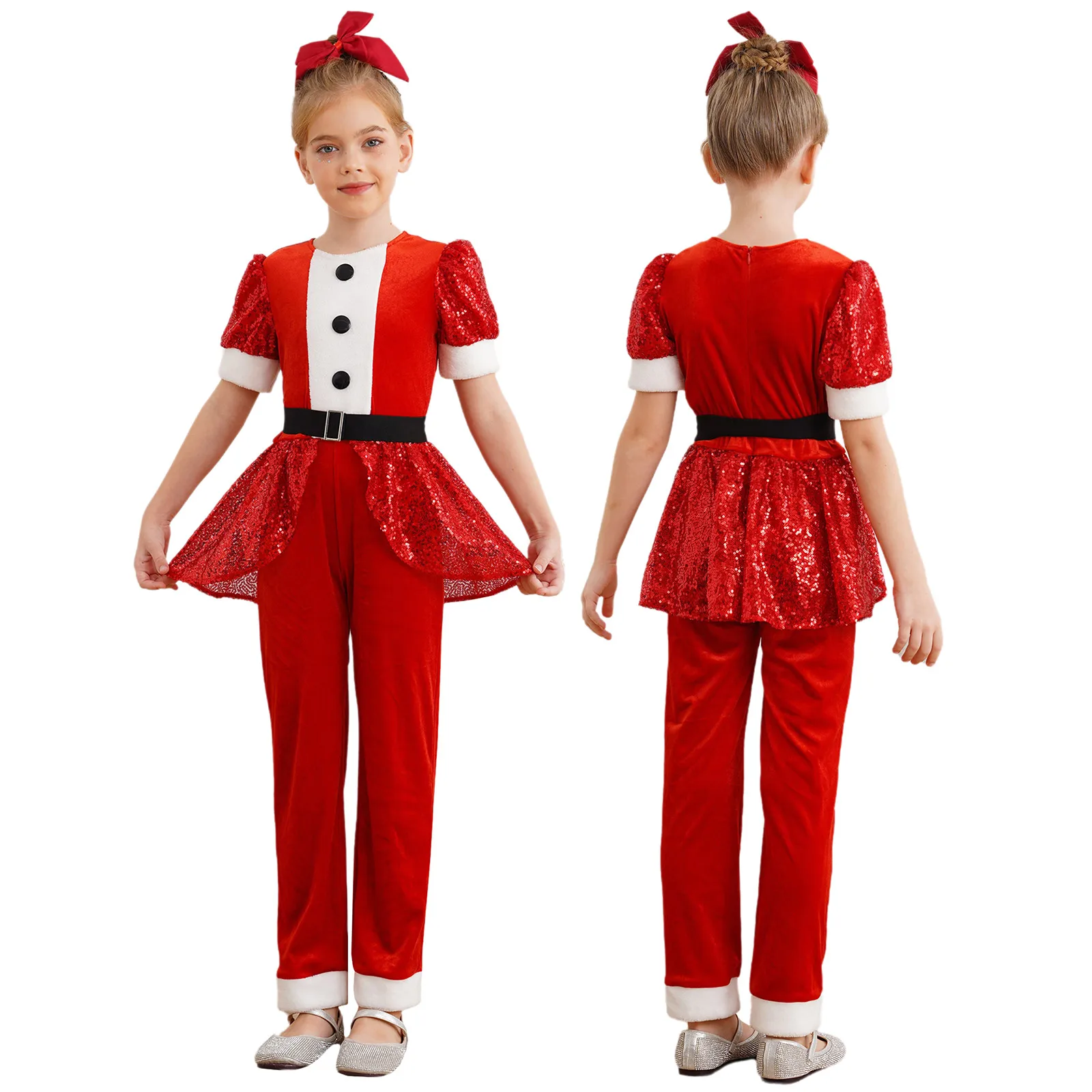 

Girls Christmas Jumpsuit Jazz Dance Costume Short Sleeve Peplum Jumpsuit Sequins Velvet Bodysuit with Belt Carnival Performance