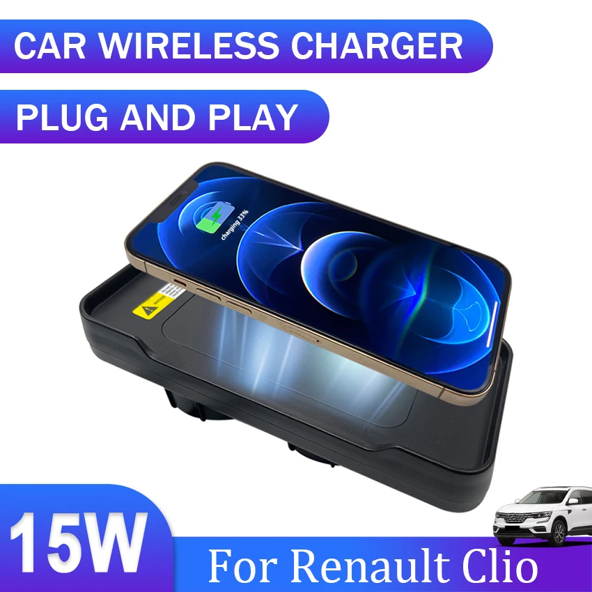 Carro qi carregador sem fio 15w placa de carregamento rápido suporte do telefone carregador de telefone sem fio para renault clio 2013 a 2015 2016 201