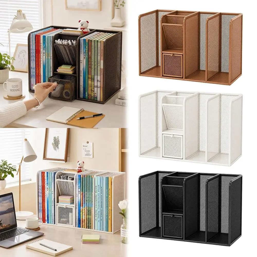 metal-desk-book-rack-mesh-structure-pull-out-drawers-book-storage-rack-multi-compartment-with-pen-holder-and-pull-out-drawers