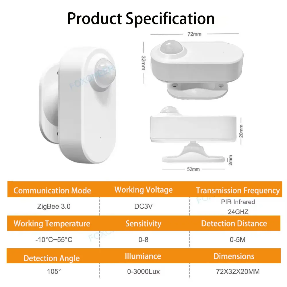 Tuya Anwesenheitssensor Smart Zigbee 24G MmWave Radar + PIR, Helligkeitserkennung, Batteriebetrieben, Unterstützt Zigbee2mqtt Home Assistant – Detail 9