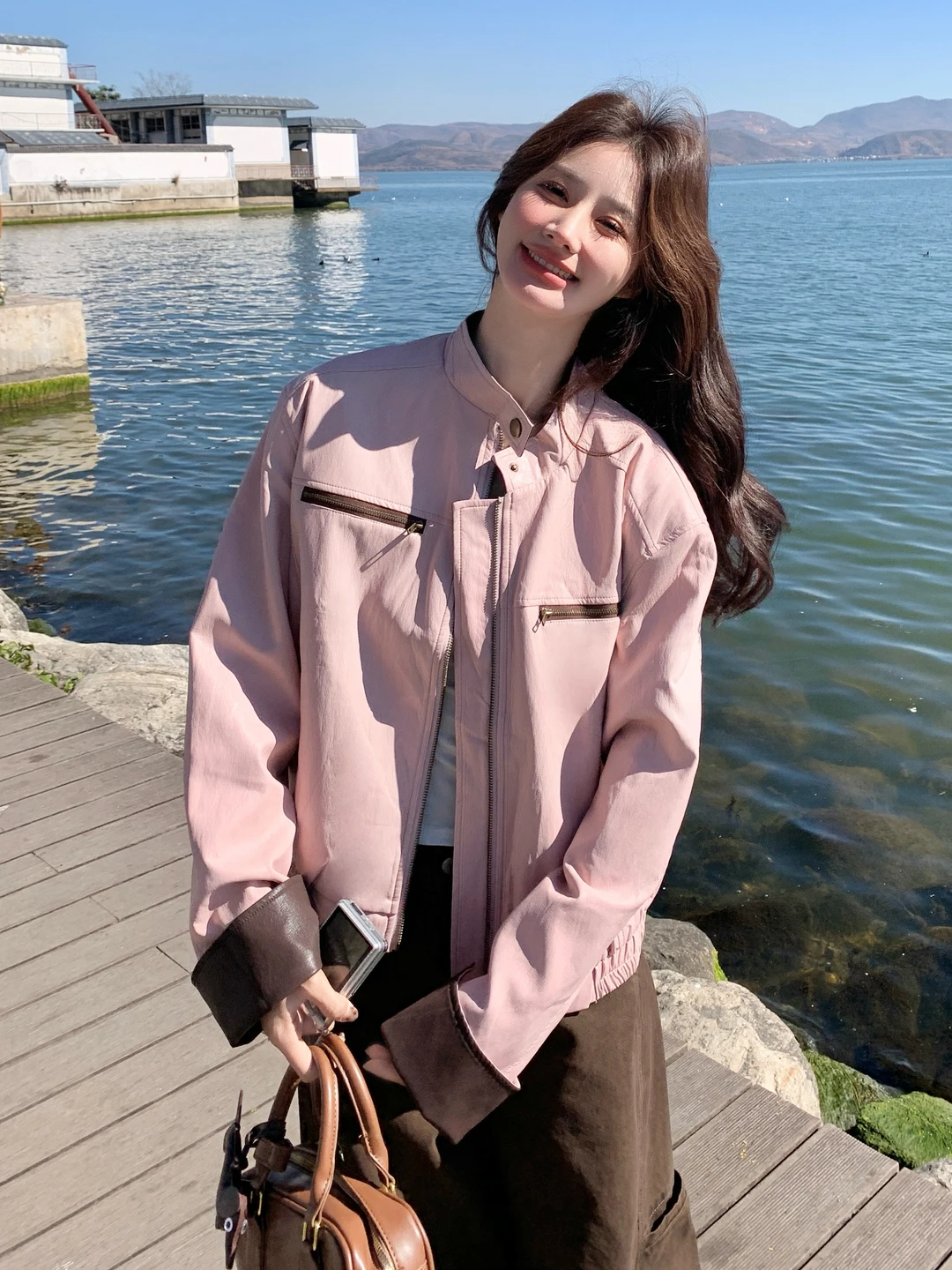 

Cool Pink Leather Jacket And Brown Pants Set Women's Fashionable Casual Style Two-Piece Suit High Waist Long Pants Zipper Clo...