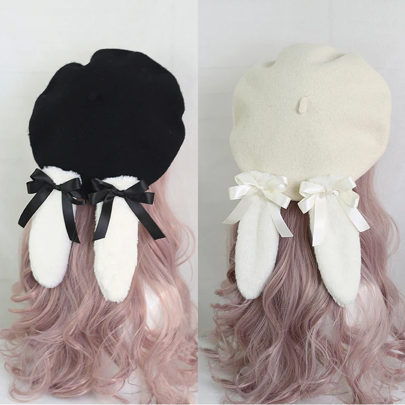 Japanese Style Sweet Berets Fluffy Cute Lop-eared Rabbit Hat Lace Lolita Lolita Earmuffs Cap All Match Winter Plush Warm Hat