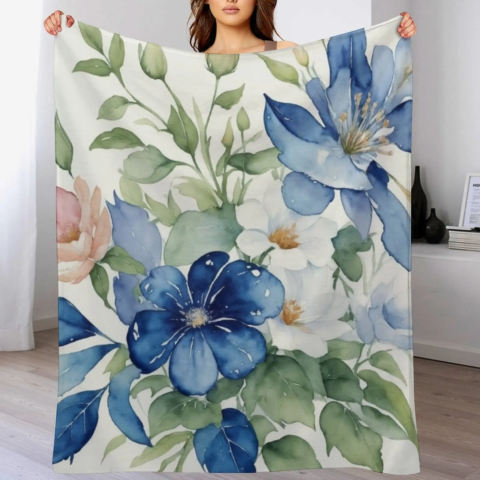 

Watercolor Blue and Green Pastel Floral Pattern Throw Blanket Decorative Soft Throw Blanket for Couch Sofa