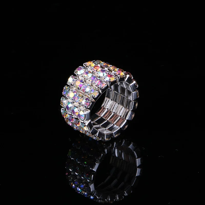 1-5 Rows Crystal Rhinestone Rings Silver Plated Bridal Wedding Iridescent AB Crystal Stone Elastic Stretch Rings for Women