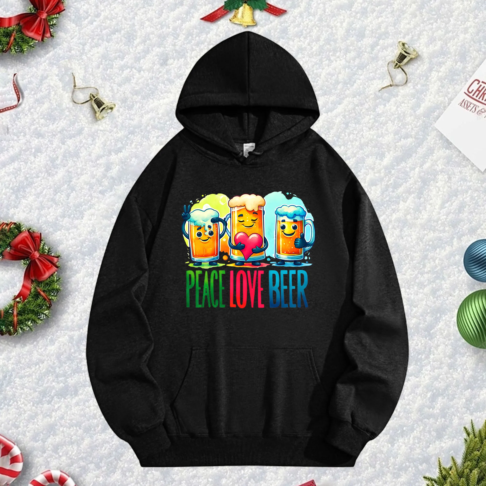 

PEACE LOVE BEER 270G Черная толстовка с капюшоном для мужчин и женщин, уютный флисовый пуловер большого размера на осень/зиму, Рождество, Новый год