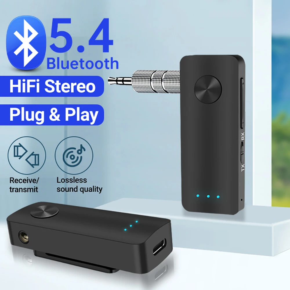 

Bluetooth 5.4 Audio Receiver 2 in 1 Transmitter HiFi Stereo Wireless Adapter 3.5MM AUX With Mic For Car Airplane TV PC Speaker