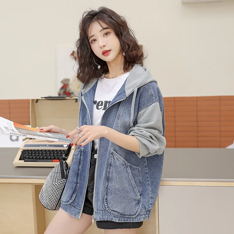 

ZOUXO Women Jean Jacket 2022 Spring Autumn Hooded Denim Jacket Splicing Loose Large Size Cropped Zip Short Coat