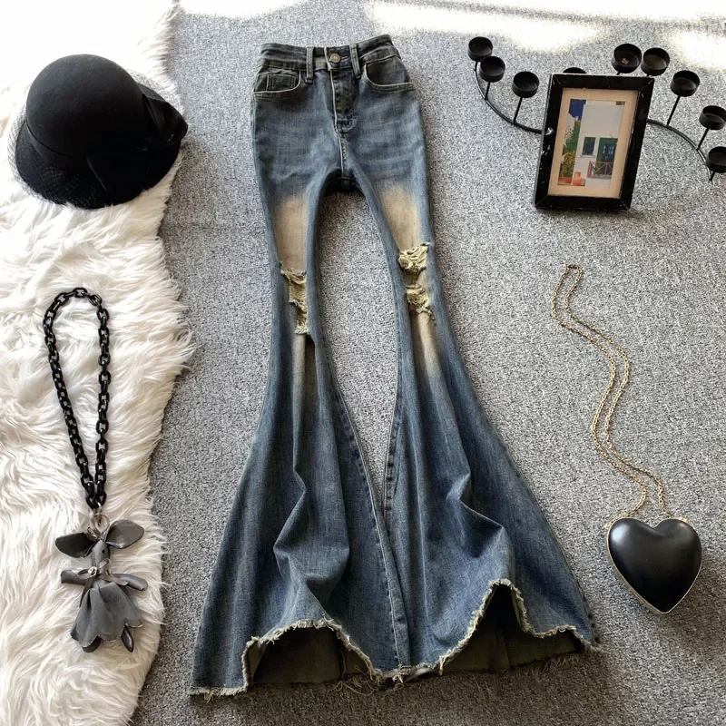 

Big Flare Jeans Hole Fit Fishtail Floor Dragging Pants High Waist American Vintage Women Autumn New Spicy Girl Slim Female