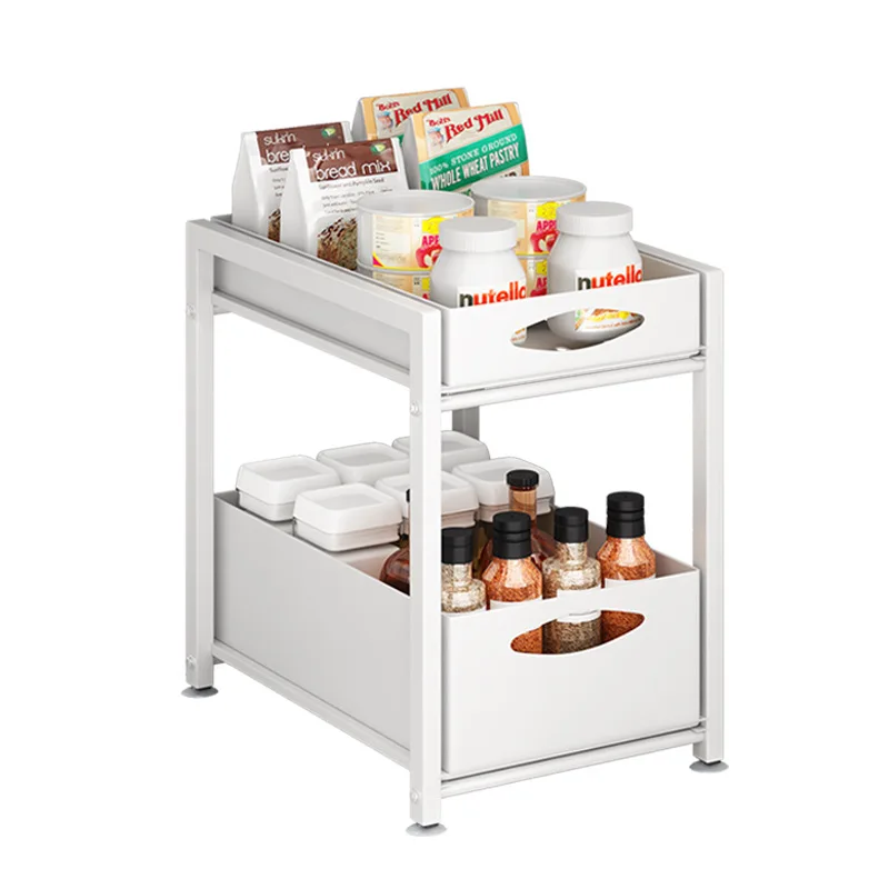 Pull Out Cabinet Organizer Kitchen 2 Tier Under Sink Storage Rack Seasoning Bottle Spice Organizer Shelf With Sliding Drawer