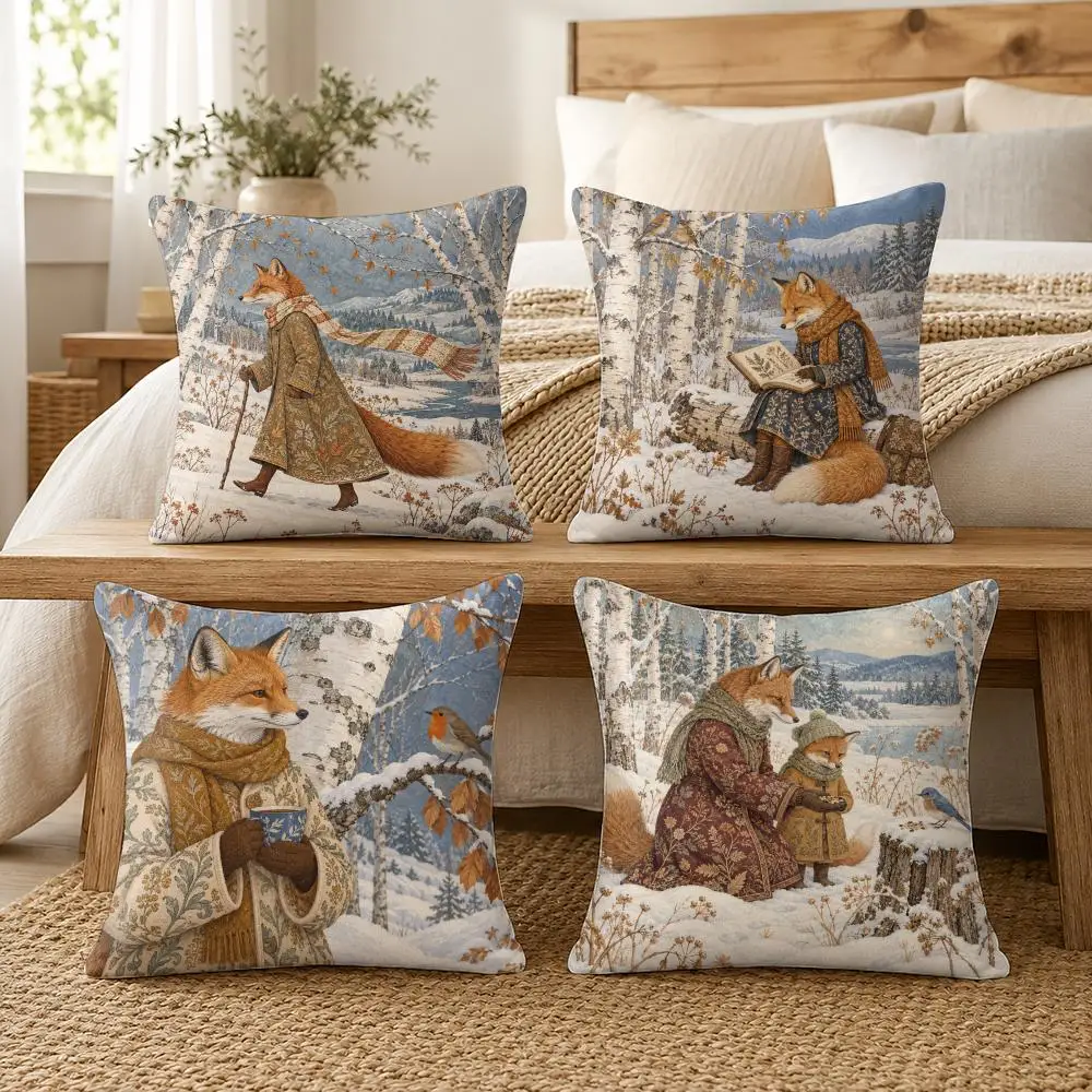 Winter Fox Elegant Snowy Forest Cushion Cover Soft Short Plush Pillow Cases Hidden Zipper Cutecore Sofa Bedroom Home Decor Gift