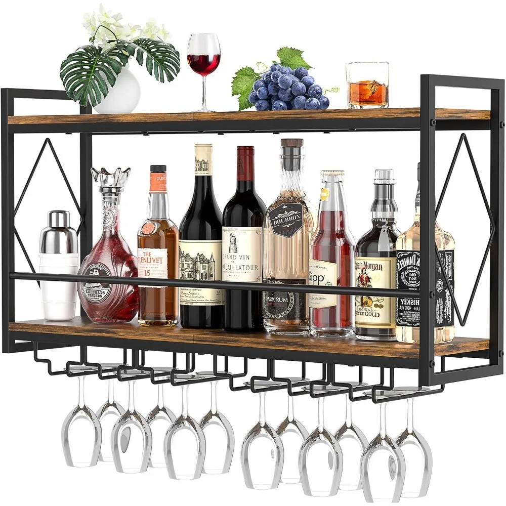 

Two-Tier Wall-Mounted Wine Rack with LED Lighting and Metal Bar Liquor Shelves Including Glass Holders - Industrial Style