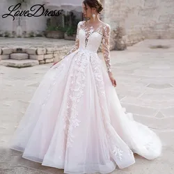 Angepasst Luxus Rosa Langarm Brautkleid Ballkleid Spitze Appliques Oansatz Taste Königlichen Zug Braut Kleider Vestido Prinzessin