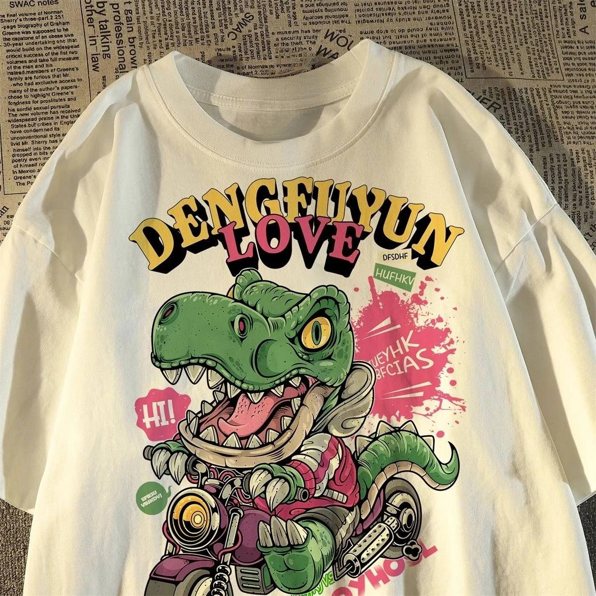 Nueva camiseta de manga corta con cuello redondo y estampado de dinosaurio motero, de alta calidad, holgada y transpirable, para hombre y mujer, ideal para verano.