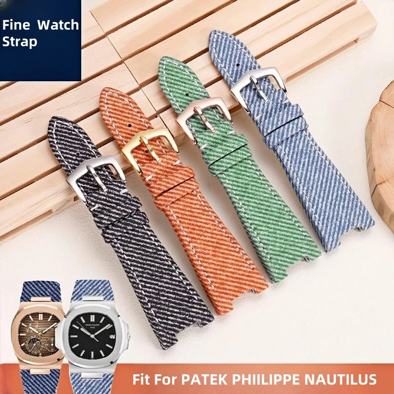 Leather Hybrid Strap For 25mm Notched Design PP5711/5726/5980 Patek Philippe Nautilus Fabric Denim Textured