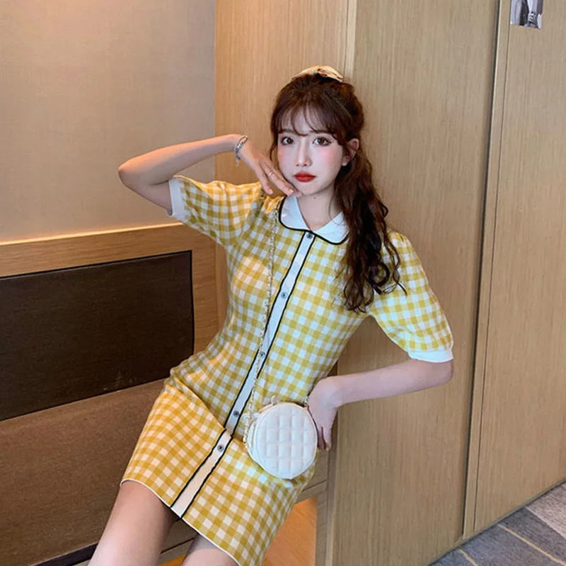 2023 New Summer Temperament Plaid Knitting Polo-Neck Short Sleeve Casual Dresses Women Clothes Sweet Buttons Pullover Dresses