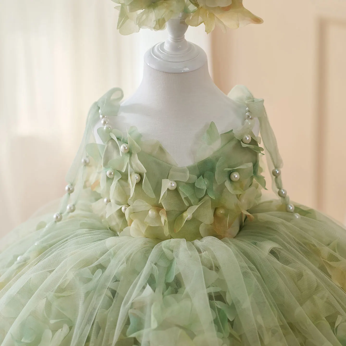 Jill Wish D053 Lovely Sage Green Flower Girl Dresses with Hairband Pearls for Baby Kids Wedding 1st Birthday Pageant Party
