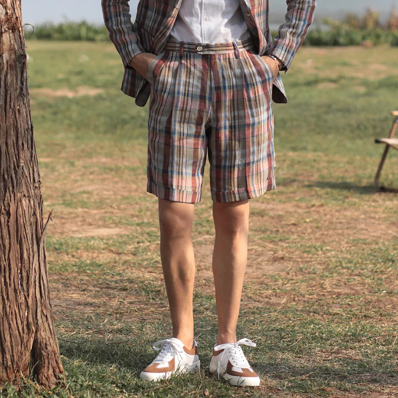 

Two-Tone British Preppy Gentleman Plaid Shorts Casual Pants Five-Quarter Straight Leg Summer Fashion Urban Style Linen Shorts