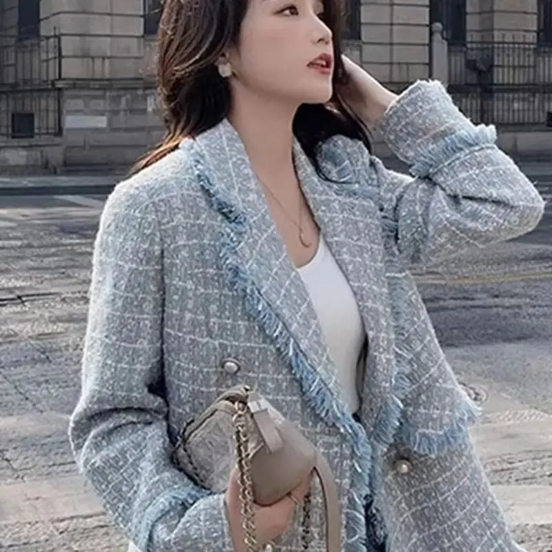2026 Blue Small Fragrant Style Suit Jacket Women's Spring Autumn New Good-looking Burr Thousand Bird Grid Suit Outerwear