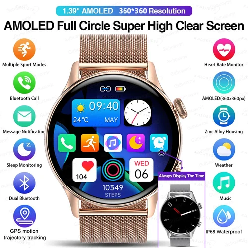 Imagen 2 del producto 2025 nuevo reloj inteligente para mujer AMOLED pantalla HD siempre en pantalla Bluetooth llamada IP68 impermeable GPS reloj inteligente para hombres para Android ios
