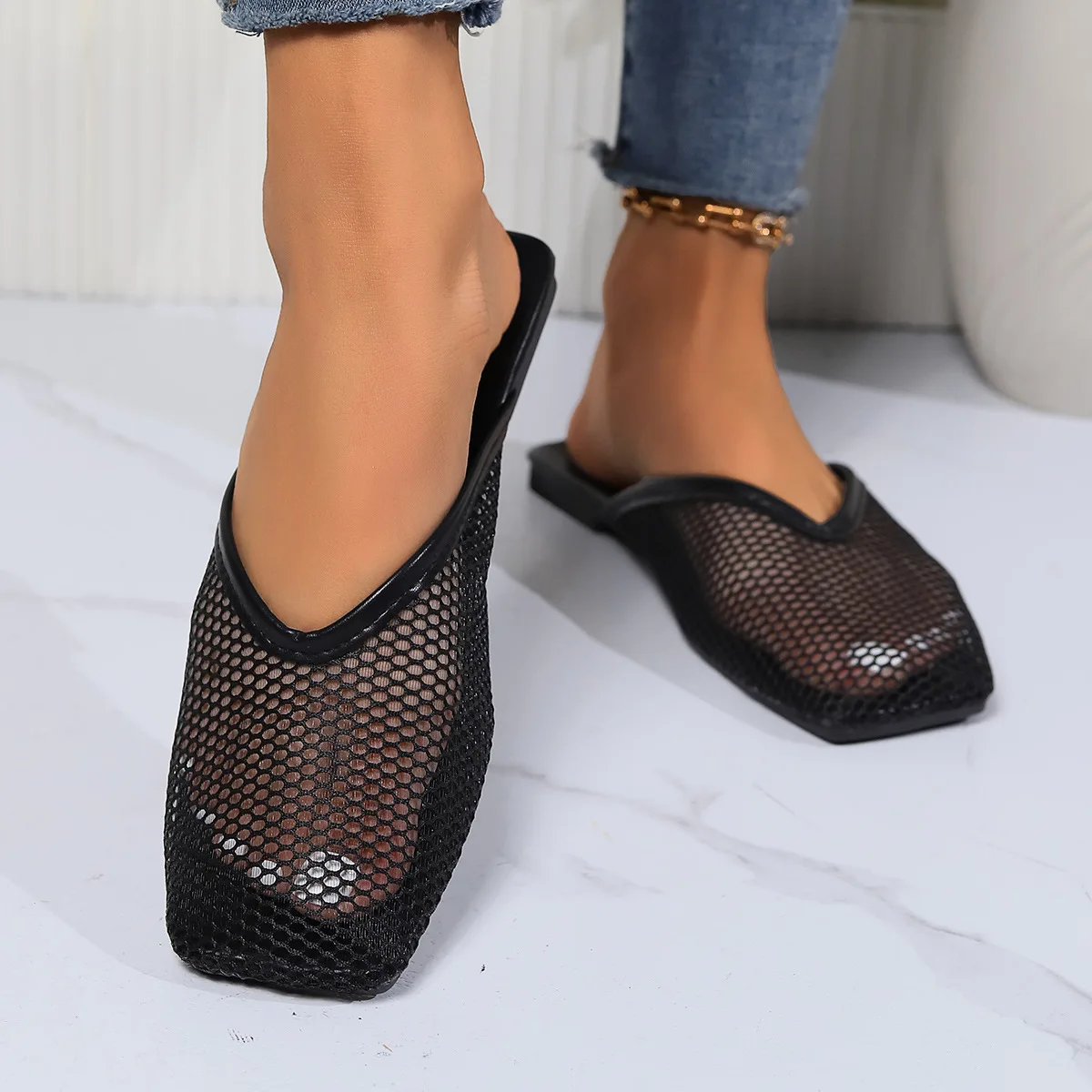 Summer Women Slippers Sexy Mesh Mules Indoor Home Slides Square Toe Female Flats Shoes Outdoor Clogs Beach Sandals Flip Flops