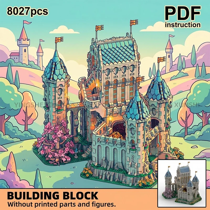 

Белый замок в стиле фэнтези с синими башнями и розовым садом с цветущей вишней, модель-конструктор для 247183 MOC