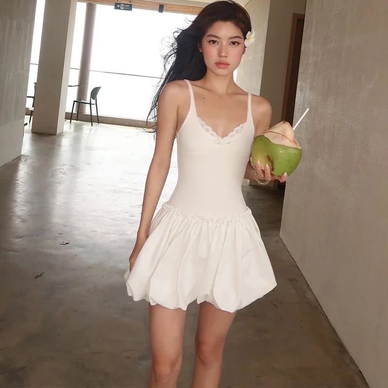 2025 Fashion Woman Backless Halter Casual Solid Slim Sleeveless Mini Dresses Summer New Comes With Belt Poplin Strap Bow Dress