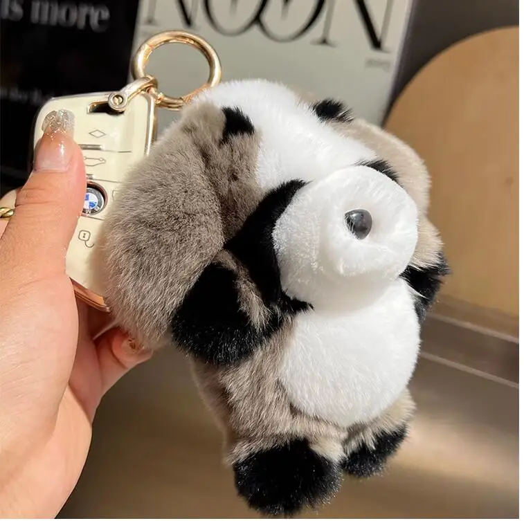 Cute Fluffy Real Rex Rabbit Fur Puppy Keychain for Women Bag Fluffy Pompom Lovely Keyring