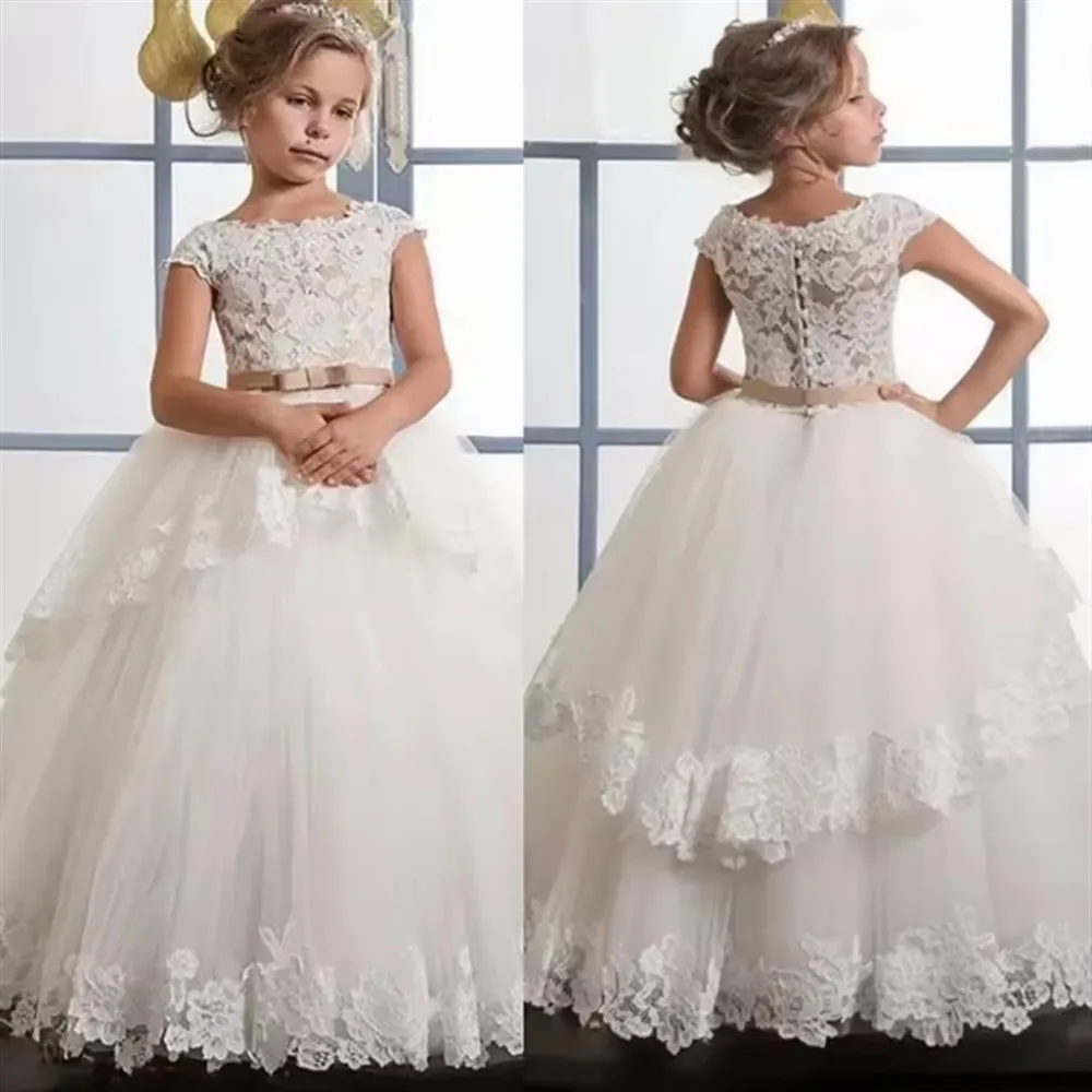 エレガントなフラワーガールドレス結婚式用レースアップリケ長袖リボンベルト小さな女の子初聖体拝領女の子ページェントパーティードレス