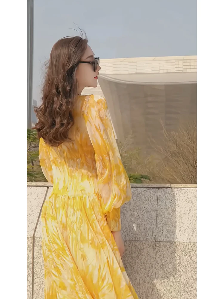 

Summer Long Dr Fairylike Floral Vaion Sle Yellow Dr Women's Commute Silk Blend Full Sve Color Gown