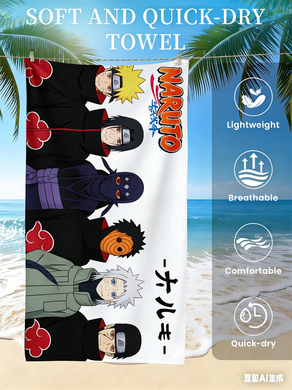 Toalla de playa Naruto, toalla de secado rápido con estampado del personaje favorito de los fanáticos del anime para playa, piscina, vacaciones y entusiastas del anime