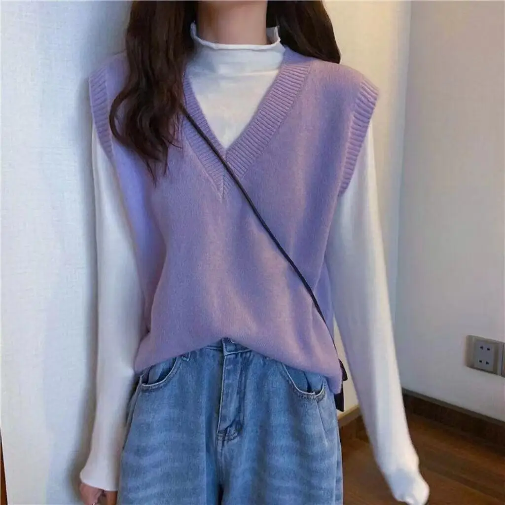 Korean Loose Solid Color Knitting Vest Tops Women Spring 2024 All-match Preppy Style V-neck Multiple Colour Casual Sweater Vest