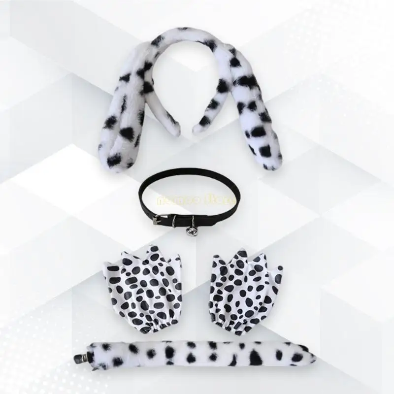 31BF Dalmatian Puppy เครื่องแต่งกายอุปกรณ์เสริมพร้อมแถบคาดศีรษะหูถุงมือระฆังหางคอเคอร์ฮัลโลวีนชุดสัตว์ชุด