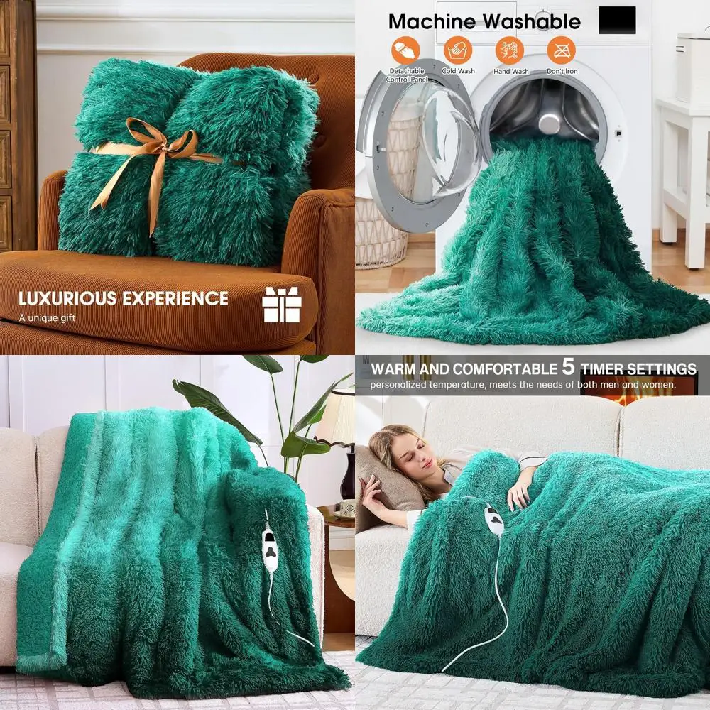 Электрическое одеяло из шерпа из искусственного меха — 10 нагрева и 5 настройков таймера, быстрое тепло, 50x60, лесной туман