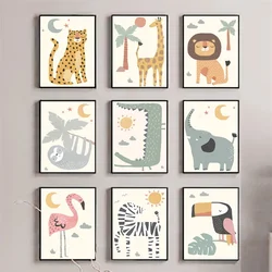 Nordic Cartoon Animals Posters Prints Elephant Giraffe Leopard Sloth Lion Canvas Painting Wall Art Picture Baby Kids Room Decor