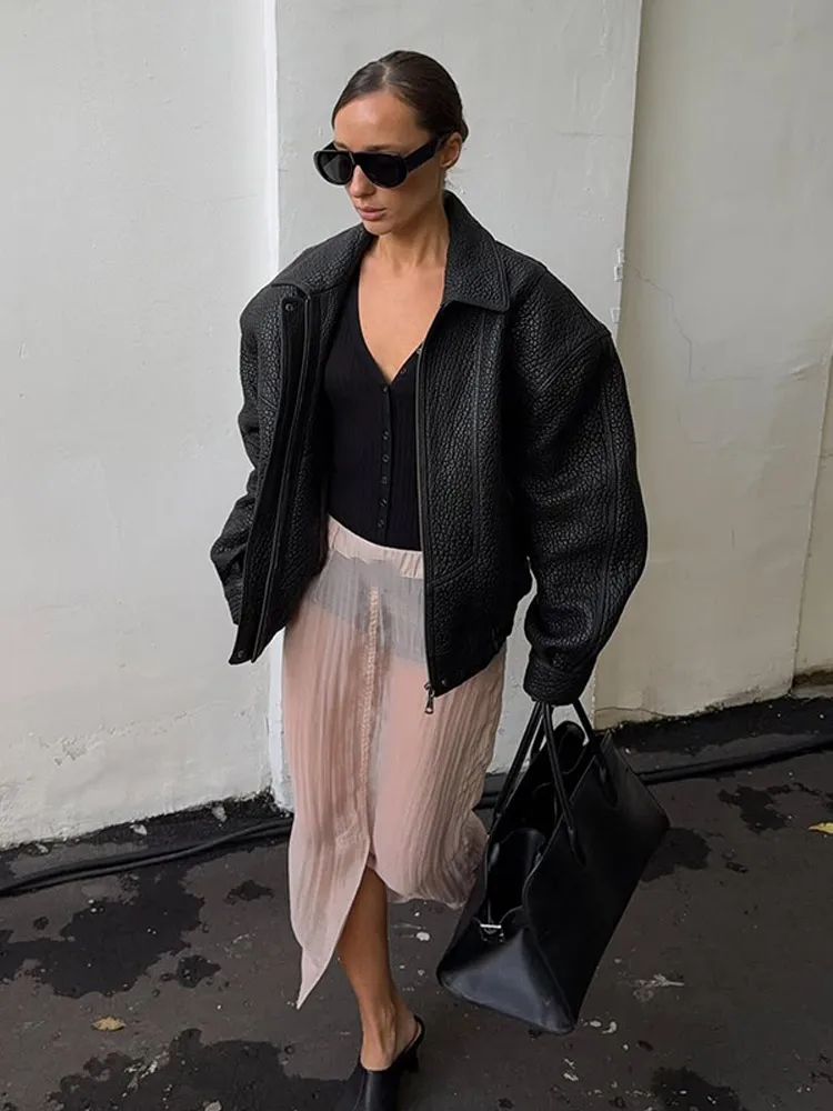 

Women Fashion Balck Leather Jacket Vintage Full Sleeve Loose Cropped Zipper Coats Chic Lady Autumn New Streetwear Outerwears