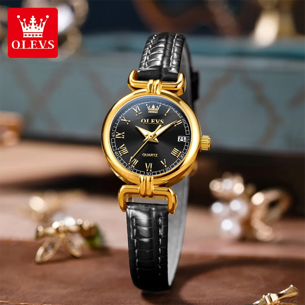 OLEVS 5645 Retro Quartz Wristwatch For Women Leather Strap Elegant Fashion Waterproof Watches Luxury Gold Case Ladies Watches