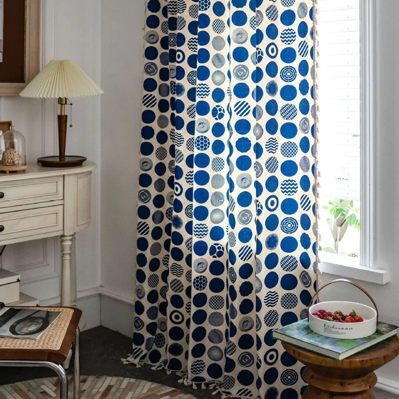 Boho Blue Dots Cotton Linen Window Curtain with Tassels Blackout Valance for The Luxury Living Room Curtains for Living Room