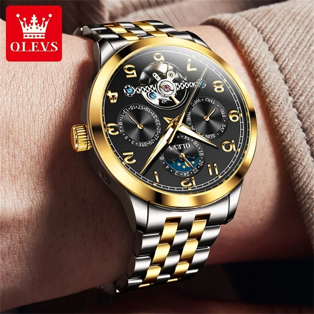 OLEVS 7018 Hollow Luxury Mechanical Watch For Men Moonswatch Number Dial Waterproof Man Watches Auto Date Original WristWatch