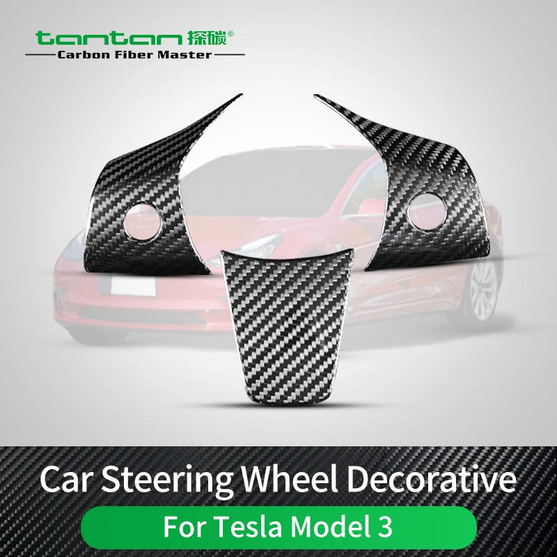 For Tesla Model 3 2017-2023 Year Real Carbon Fiber Car Steering Wheel Decoration Glossy Black 3 PCS Car Accesorios Interior