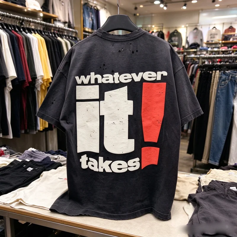 Whatever It Takes Back Print Tee Satoshi Nakamoto Rivet Rhinestone Letter T-Shirt Men Women Washed Black Distressed Hole T Shirt